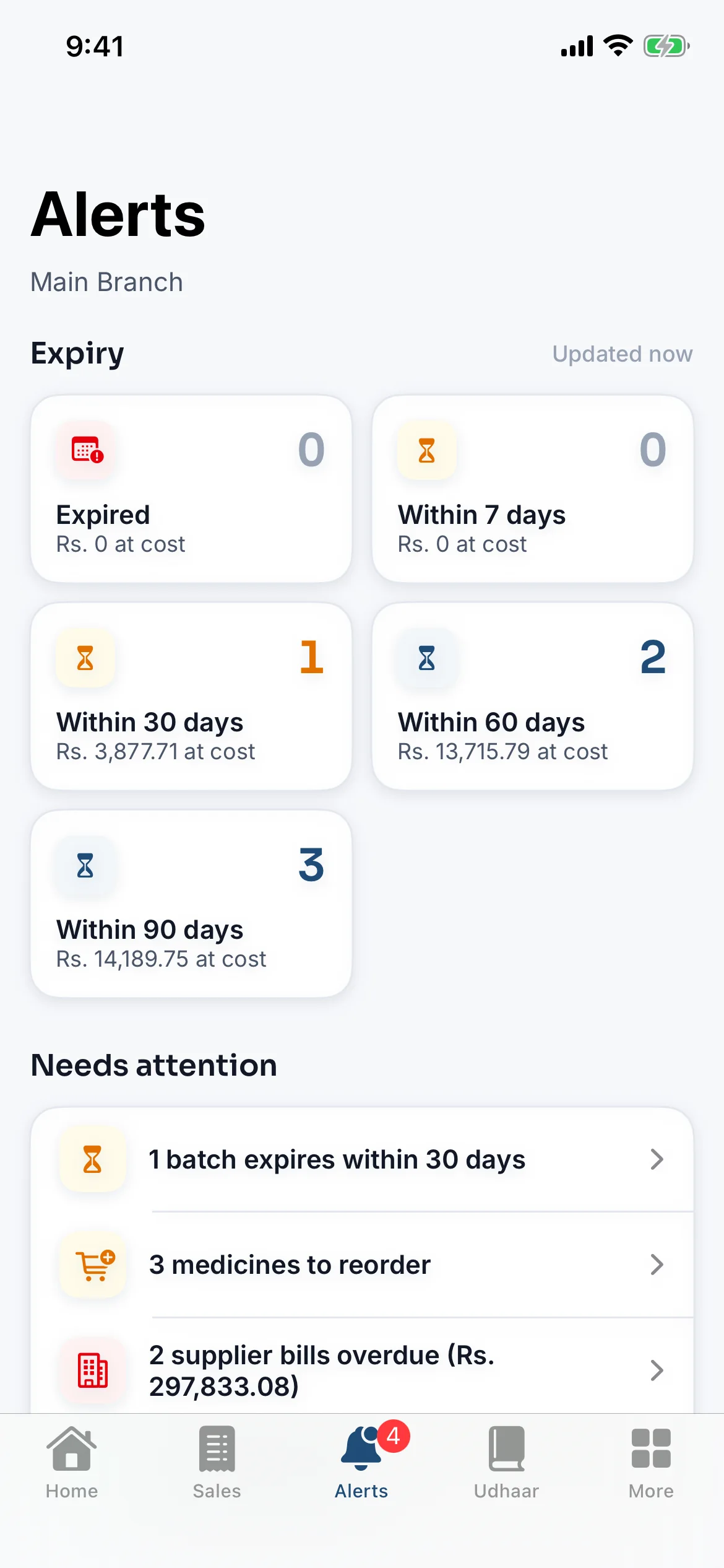 MediPOS Owner app on iPhone: batches by expiry window with their value at cost, and what needs attention: a batch expiring within 30 days, medicines to reorder and overdue supplier bills
