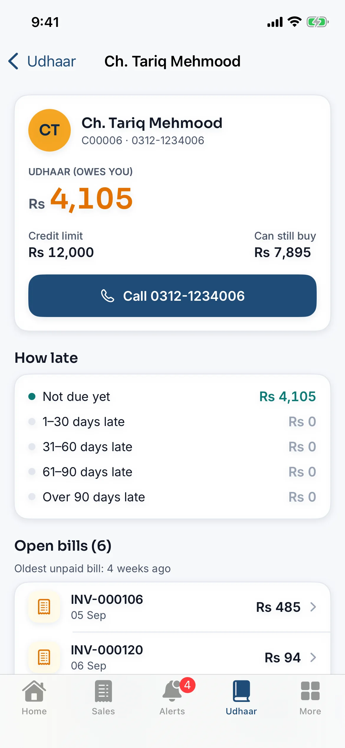 MediPOS Owner app on iPhone: one customer's khata with Rs 4,105 owed, the credit limit, a Call button, how late the balance is and the open bills
